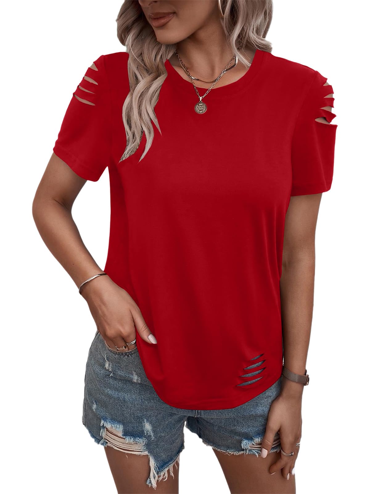 Women's Short Sleeve T Shirts Crew Neck Ripped Cut Out Summer Casual Basic Tees Tops