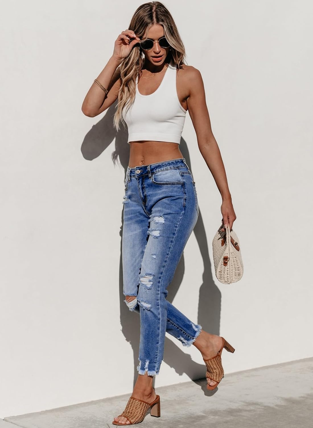Women's Ripped Jeans Straight Leg Distressed Boyfriend Denim Pants