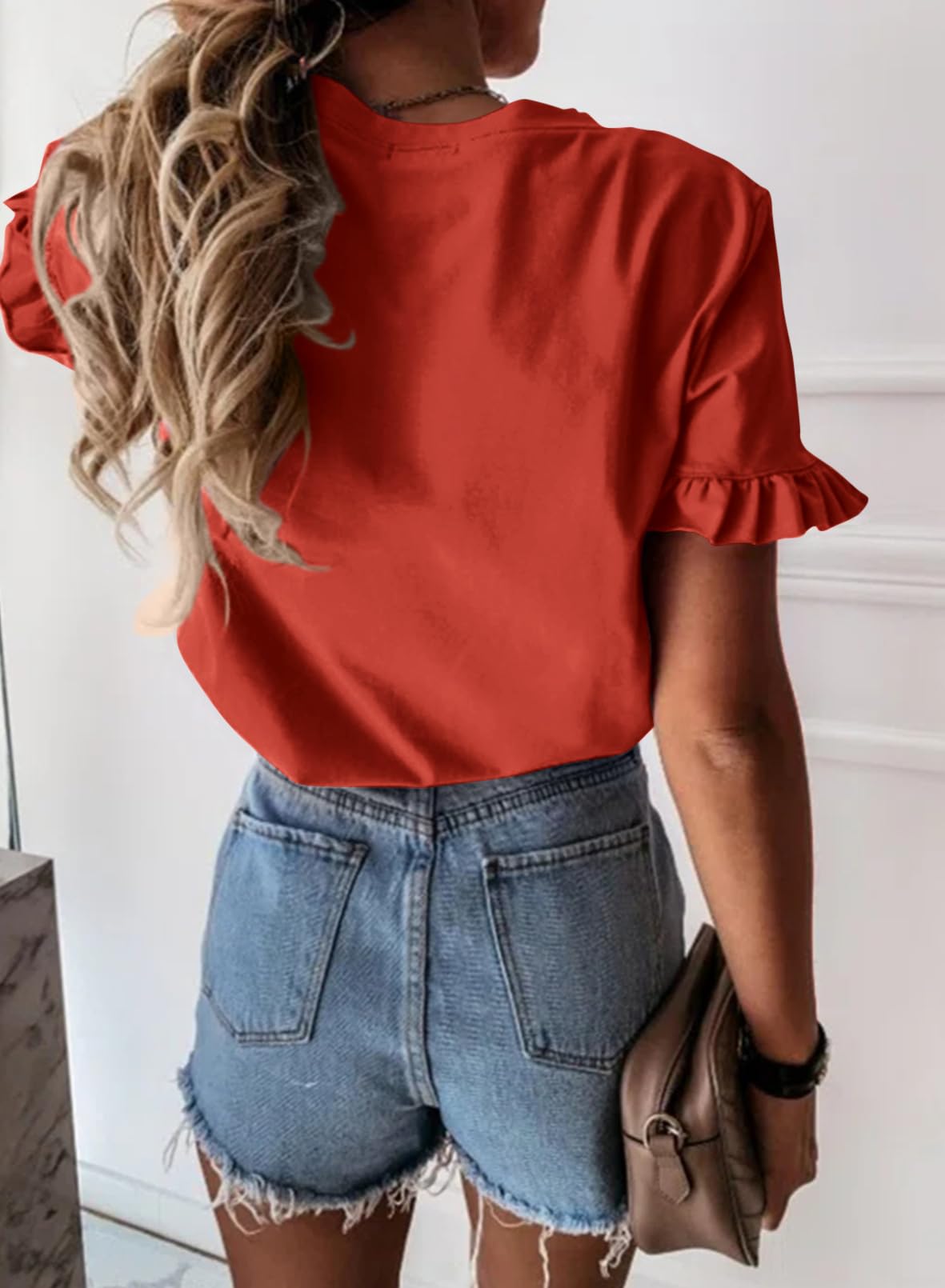 Women's Short Sleeve Casual T Shirts Summer Ruffle Plain Round Neck Loose Fit Tee Blouse Tops