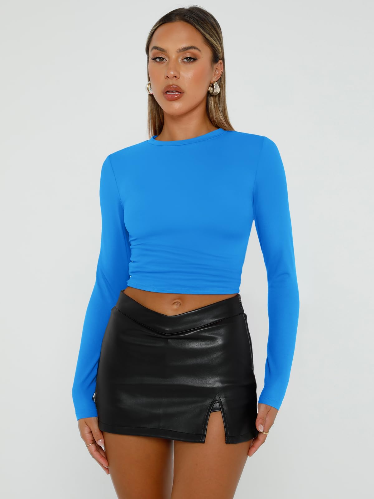 Trendy Queen Womens Long Sleeve Shirts Basic Crop Tops Tight Slim Fit Cute Teen Girls Fall Winter Y2k Clothes