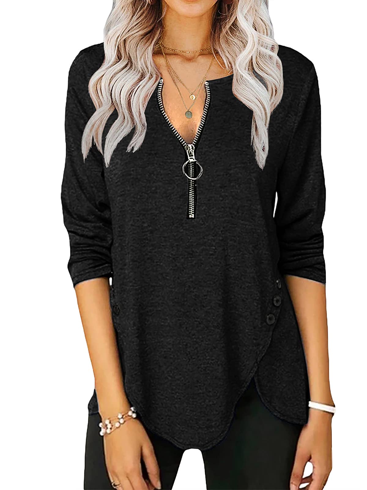 Womens Casual Long Sleeve Tunic Shirts Round Neck Button Side Blouses Tops