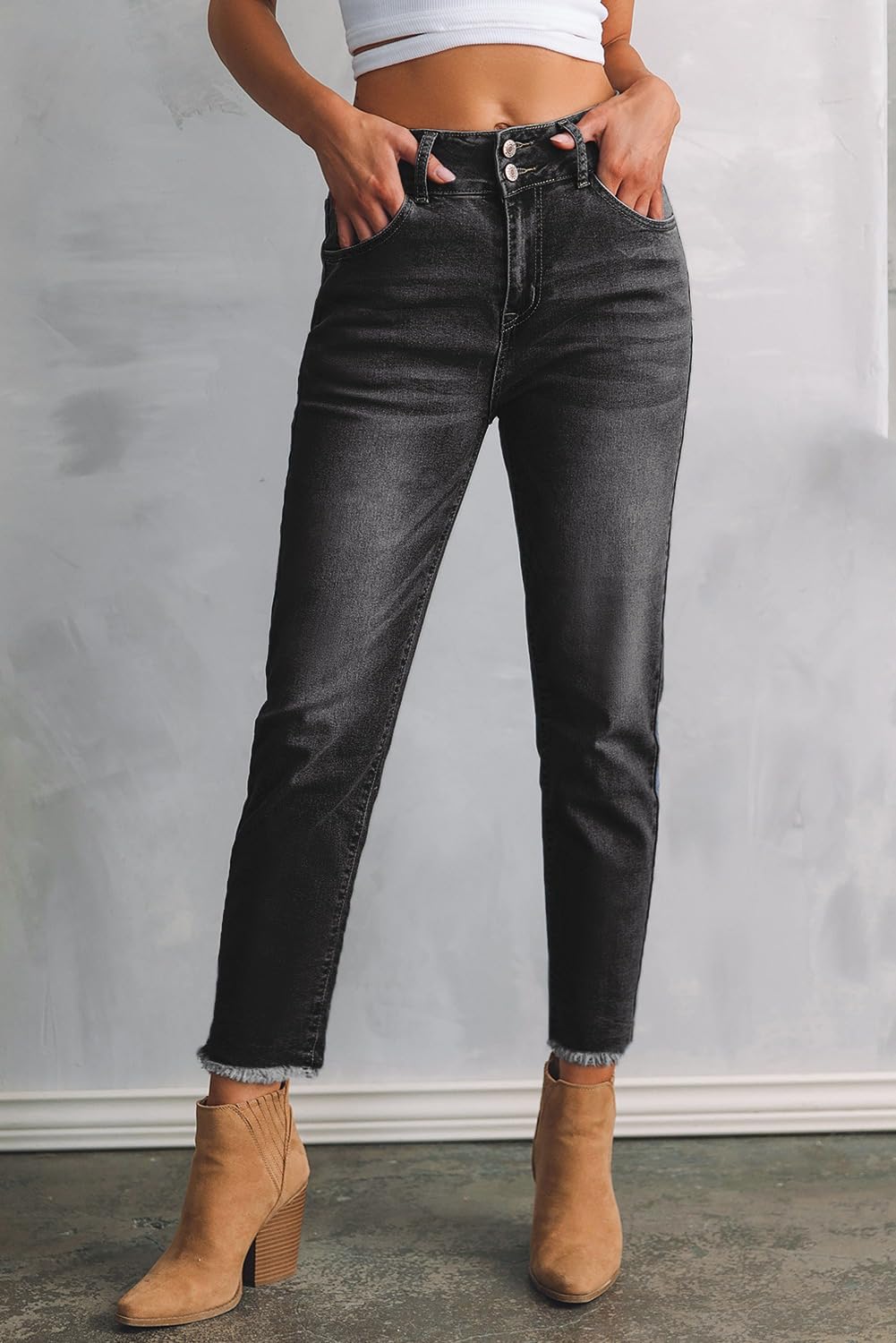 Women's High Waisted Jeans Strechy Raw Hem Straight Leg Denim Pants with Pockets