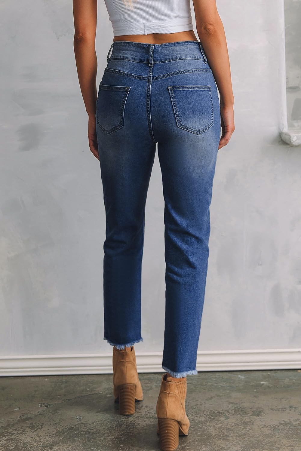 Women's High Waisted Jeans Strechy Raw Hem Straight Leg Denim Pants with Pockets