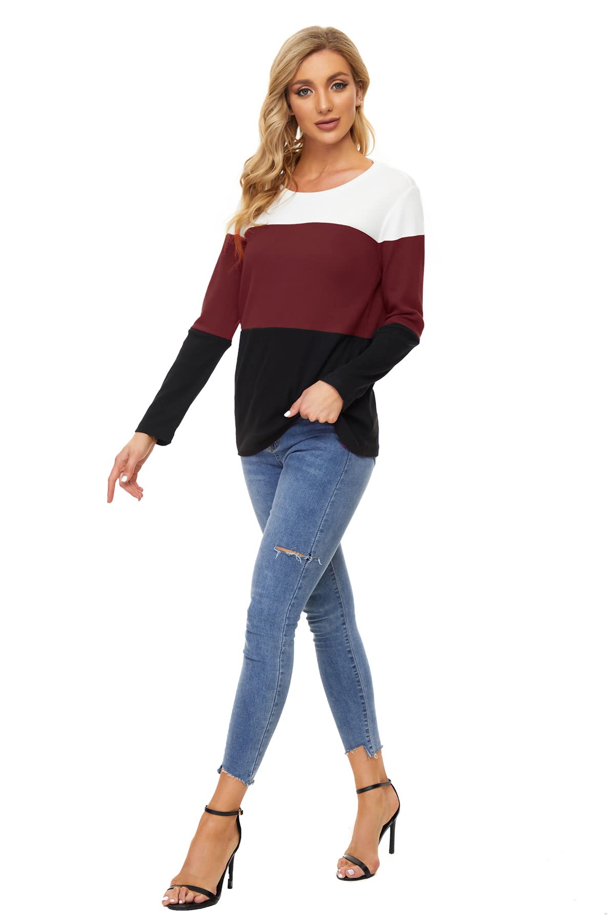 Womens Color Block Loose Long/Short Sleeve T Shirts Casual Comfy Tops