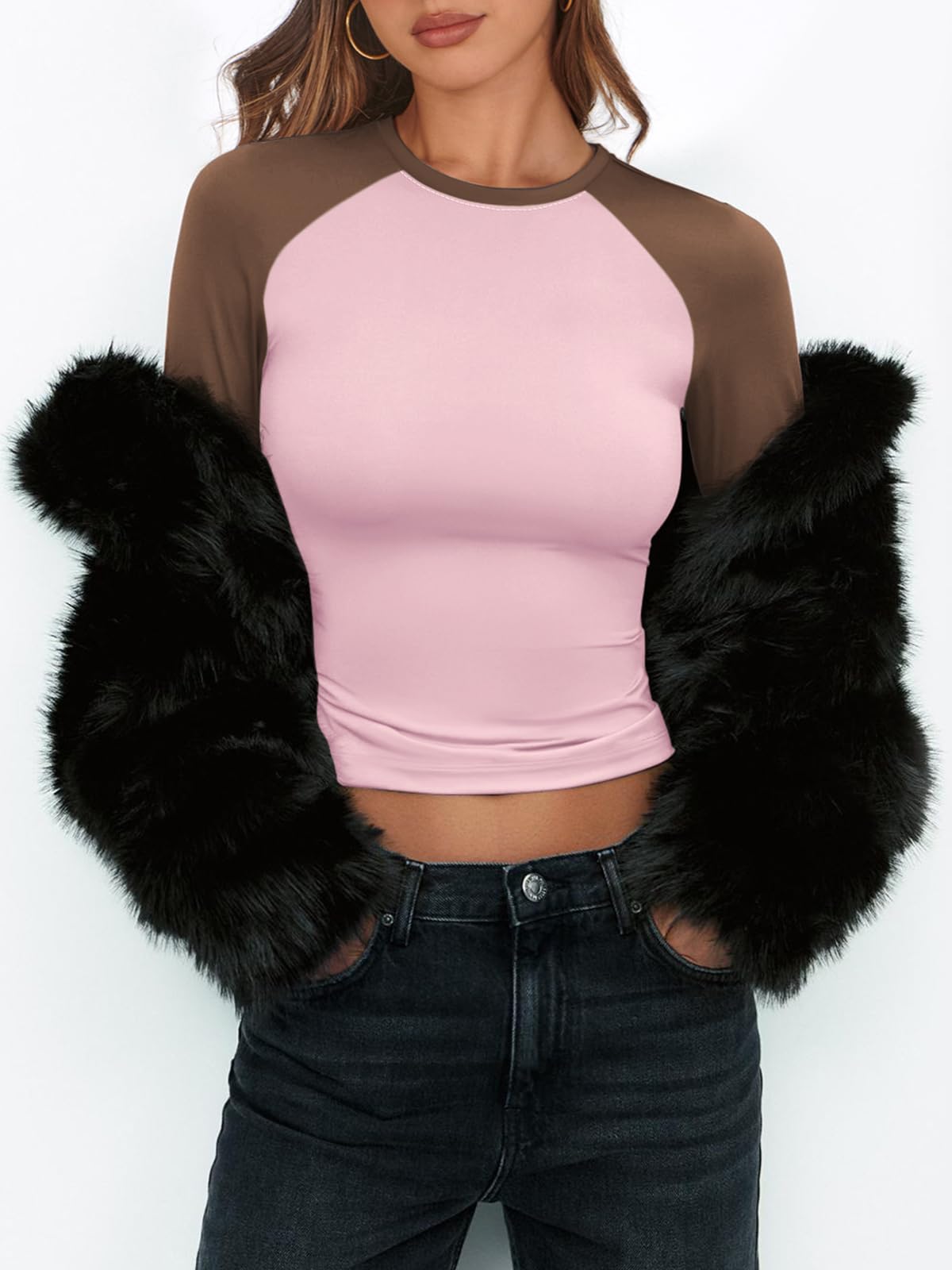Women's Long Sleeve Shirts Slim Fit Stretchy Color Block Slightly Cropped Tops