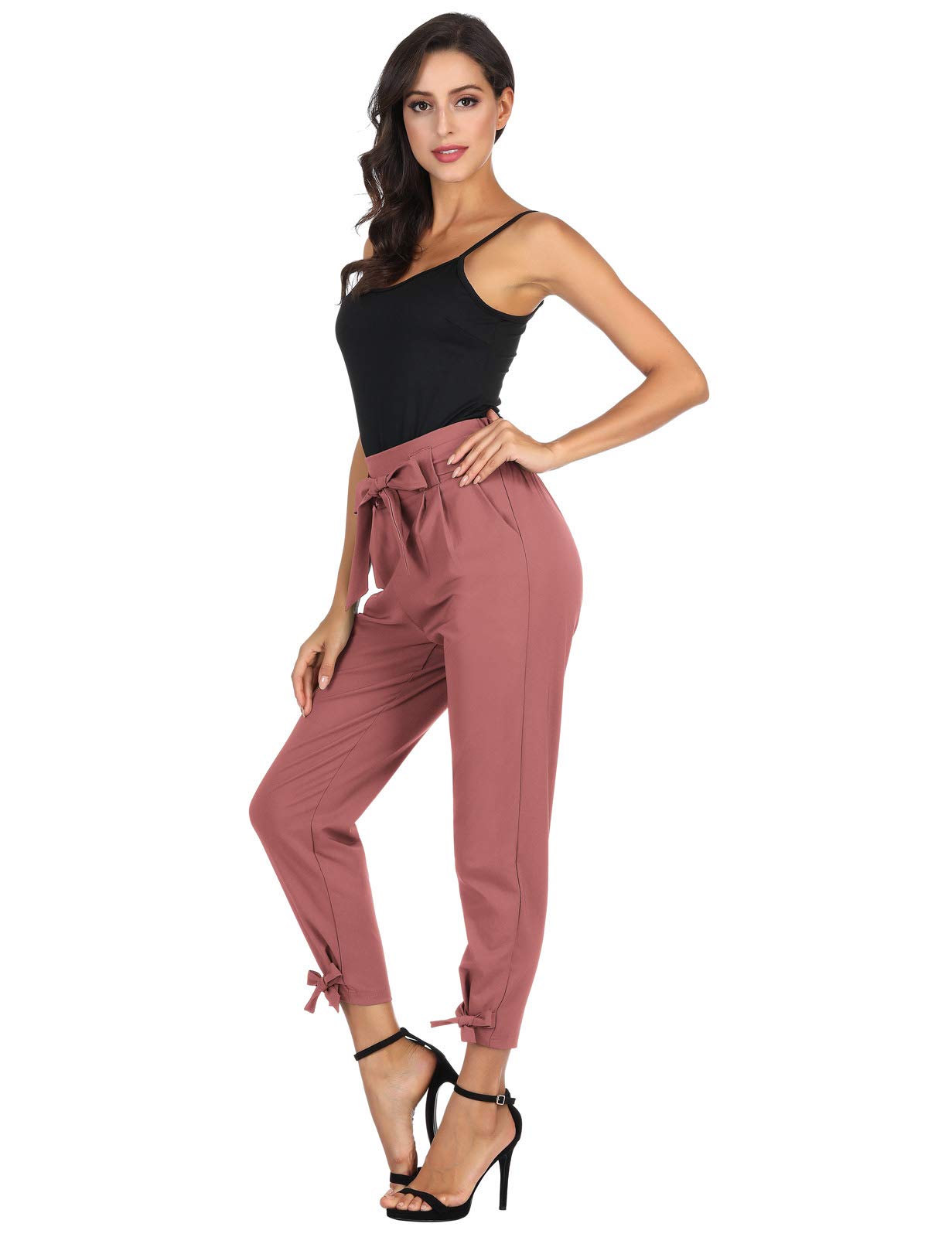 Women’s Casual High Waist Pencil Pants with Pockets Bow-Knot Cropped Paper Bag Pants