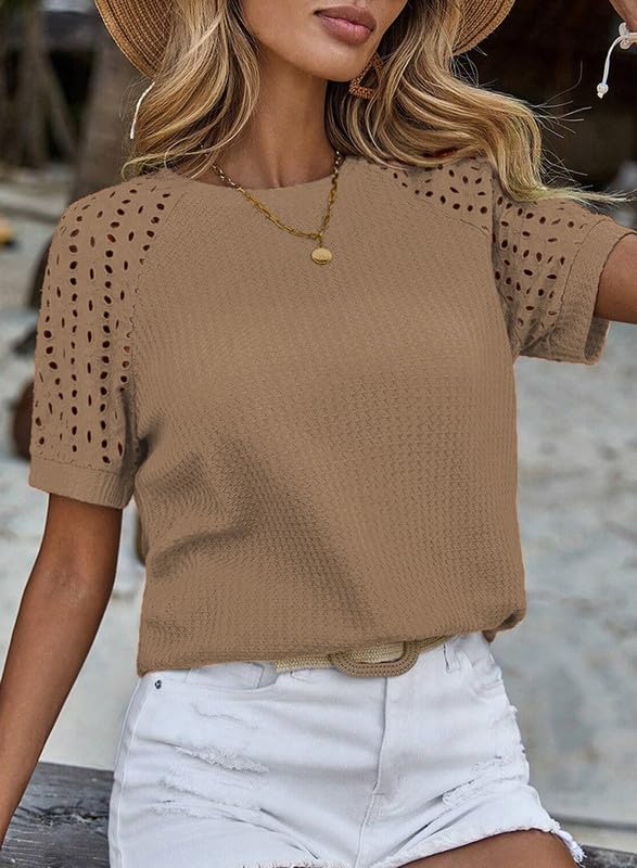 Women's Waffle Knit Tops Casual Crew Neck Hollow Out Raglan Short Sleeve Summer T-Shirts Blouses
