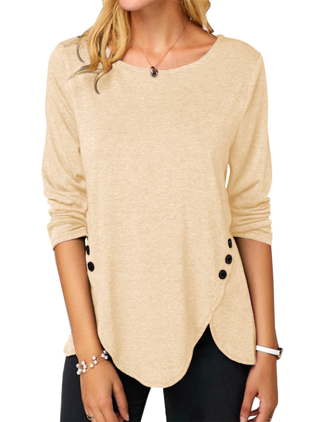 Womens Casual Long Sleeve Tunic Shirts Round Neck Button Side Blouses Tops