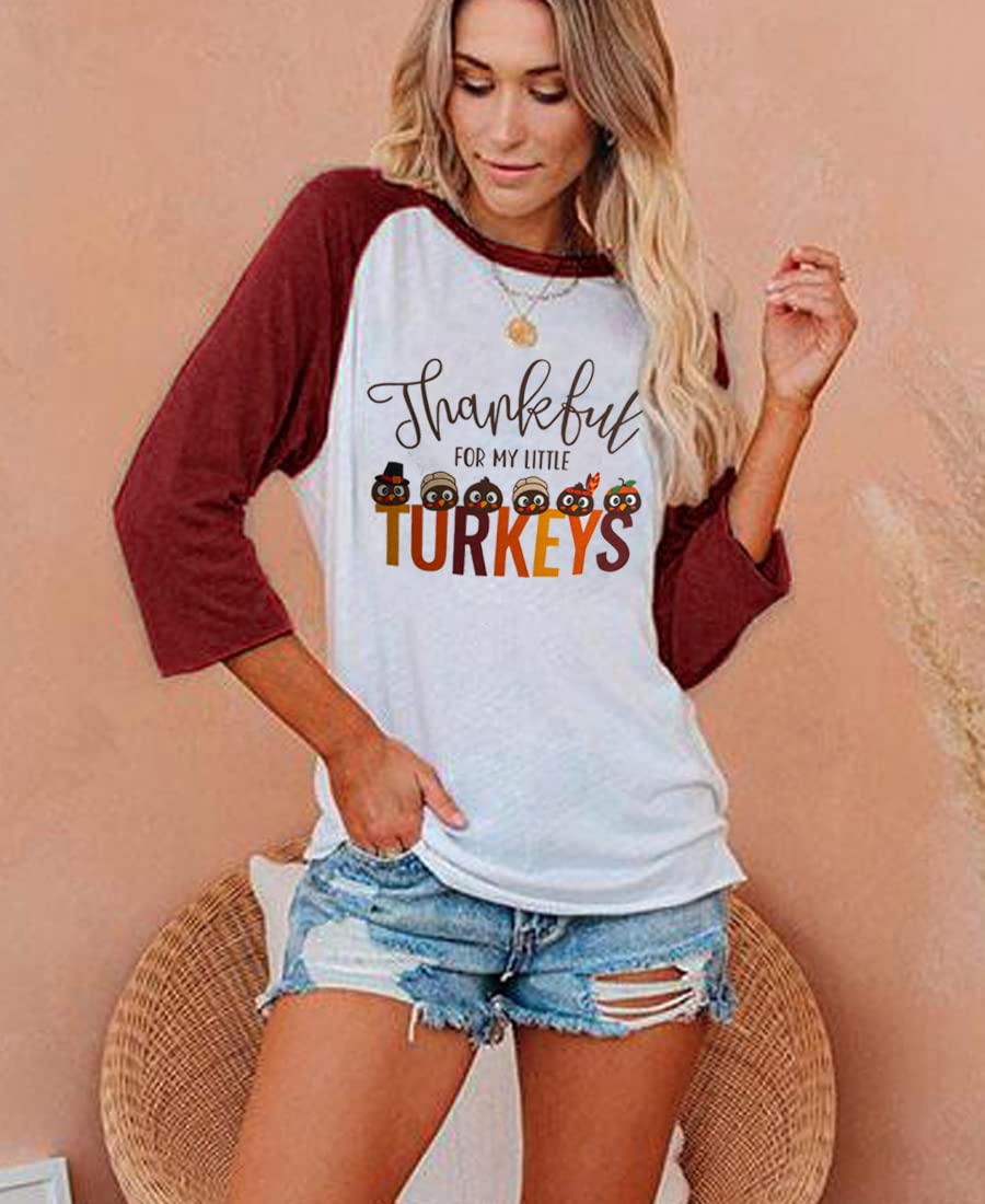 Thankful for My Little Turkeys Shirt Women Thanksgiving Tshirt Cute Graphic Raglan 3/4 Sleeve Baseball Tee Tops
