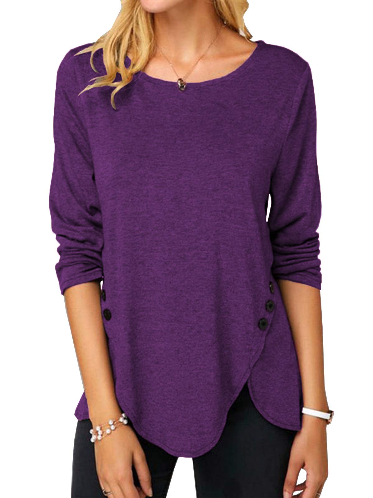 Womens Casual Long Sleeve Tunic Shirts Round Neck Button Side Blouses Tops