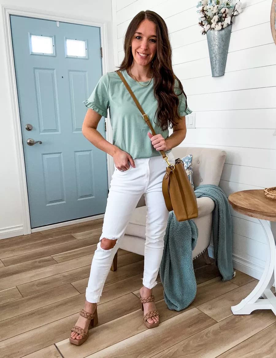 Women's Short Sleeve Casual T Shirts Summer Ruffle Plain Round Neck Loose Fit Tee Blouse Tops