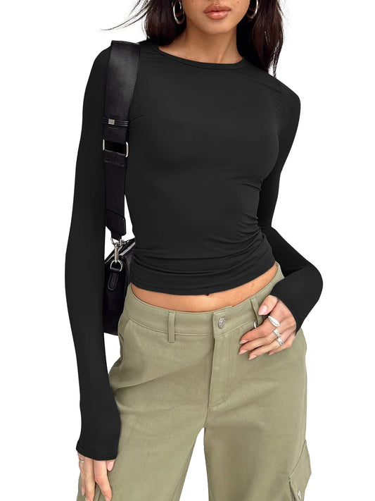 Trendy Queen Womens Long Sleeve Shirts Basic Crop Tops Tight Slim Fit Cute Teen Girls Fall Winter Y2k Clothes