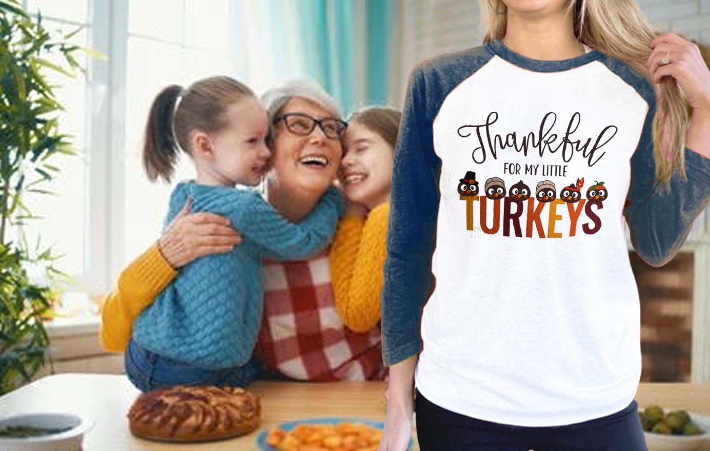 Thankful for My Little Turkeys Shirt Women Thanksgiving Tshirt Cute Graphic Raglan 3/4 Sleeve Baseball Tee Tops