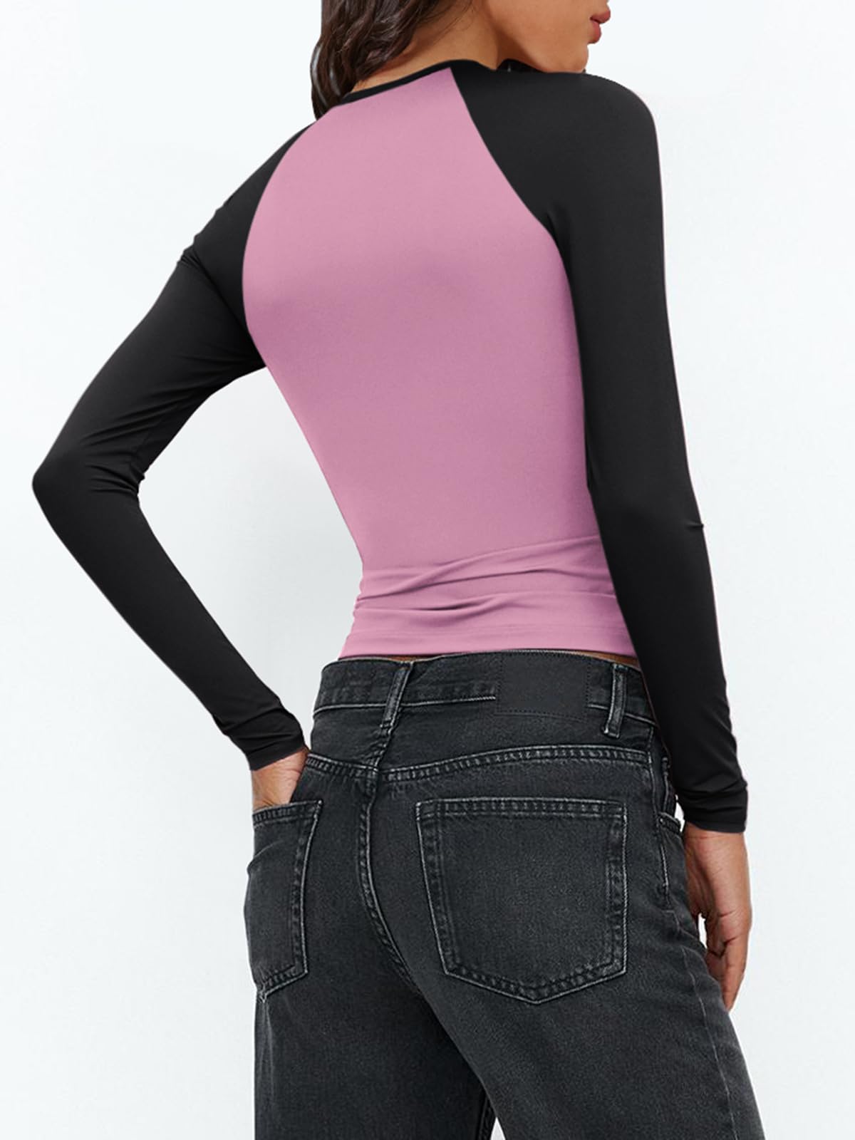 Women's Long Sleeve Shirts Slim Fit Stretchy Color Block Slightly Cropped Tops