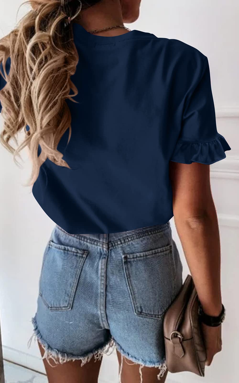 Women's Short Sleeve Casual T Shirts Summer Ruffle Plain Round Neck Loose Fit Tee Blouse Tops