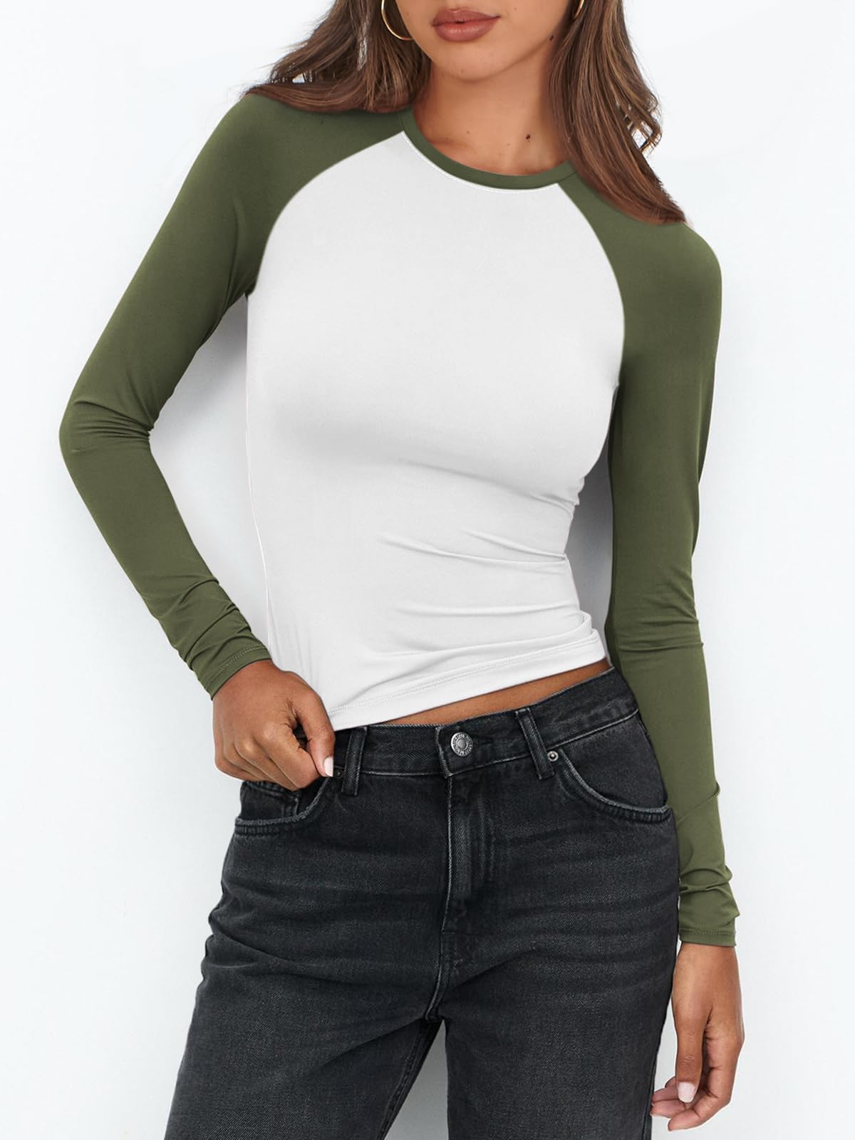 Women's Long Sleeve Shirts Slim Fit Stretchy Color Block Slightly Cropped Tops