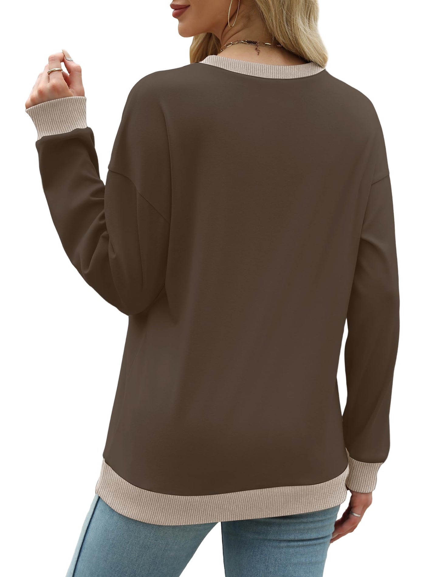 Sweatshirts for Women Crewneck Long Sleeve Loose Fit Tops Color Block Ribbed Trim Fashion