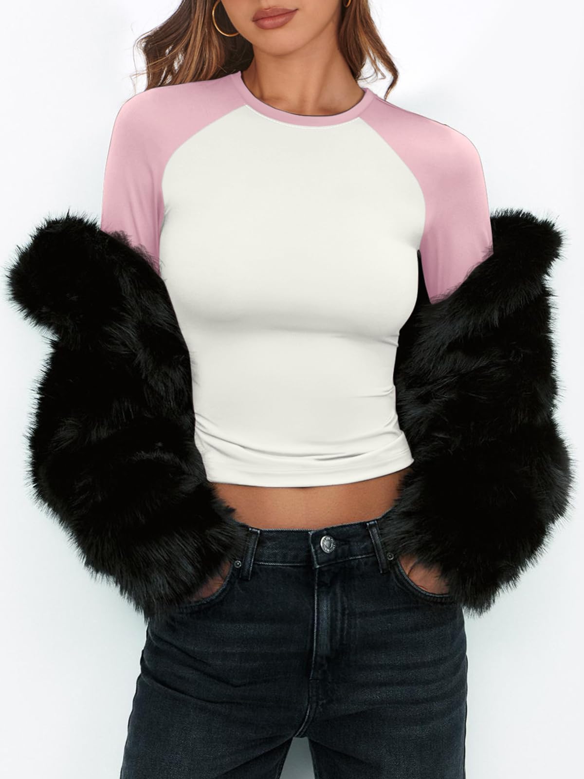Women's Long Sleeve Shirts Slim Fit Stretchy Color Block Slightly Cropped Tops