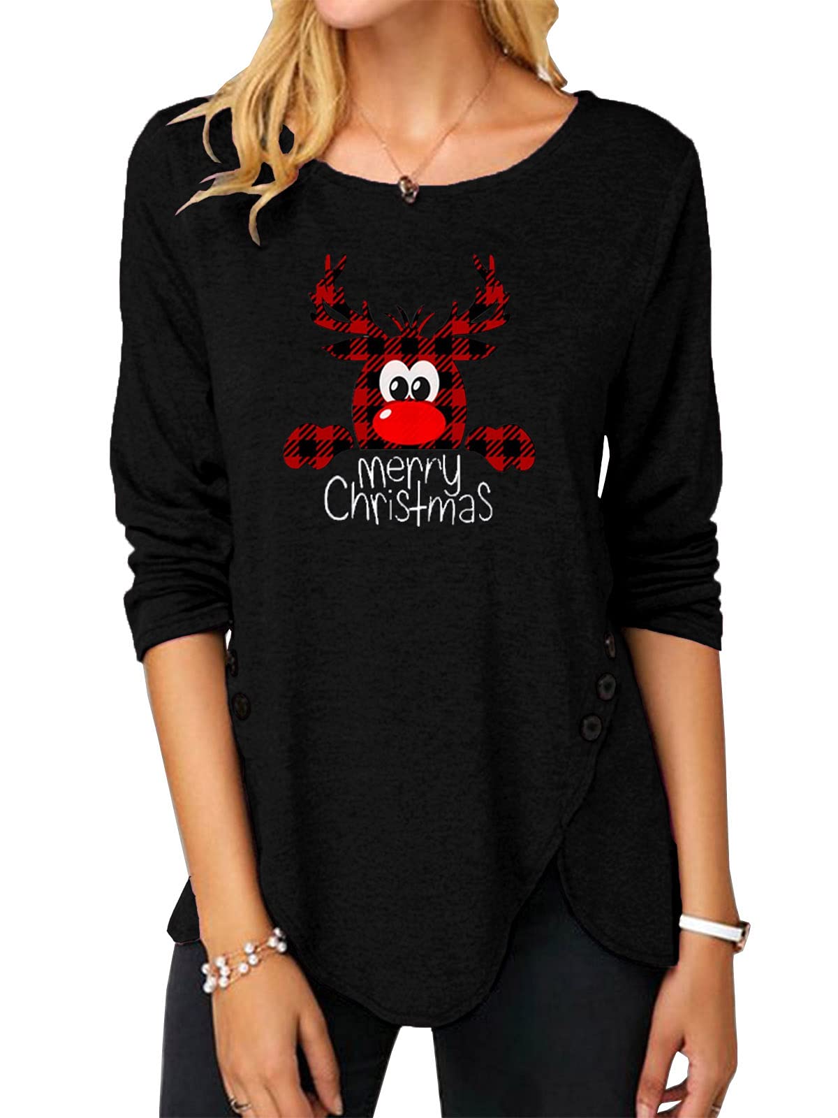 Womens Casual Long Sleeve Tunic Shirts Round Neck Button Side Blouses Tops