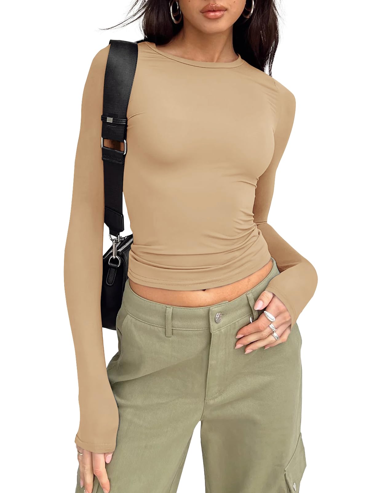 Trendy Queen Womens Long Sleeve Shirts Basic Crop Tops Tight Slim Fit Cute Teen Girls Fall Winter Y2k Clothes