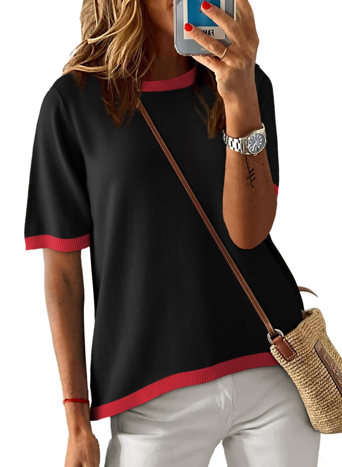 Womens Tops CasualCrewneck Short Sleeve Striped Color Block Knit Trendy Pullover Sweaters