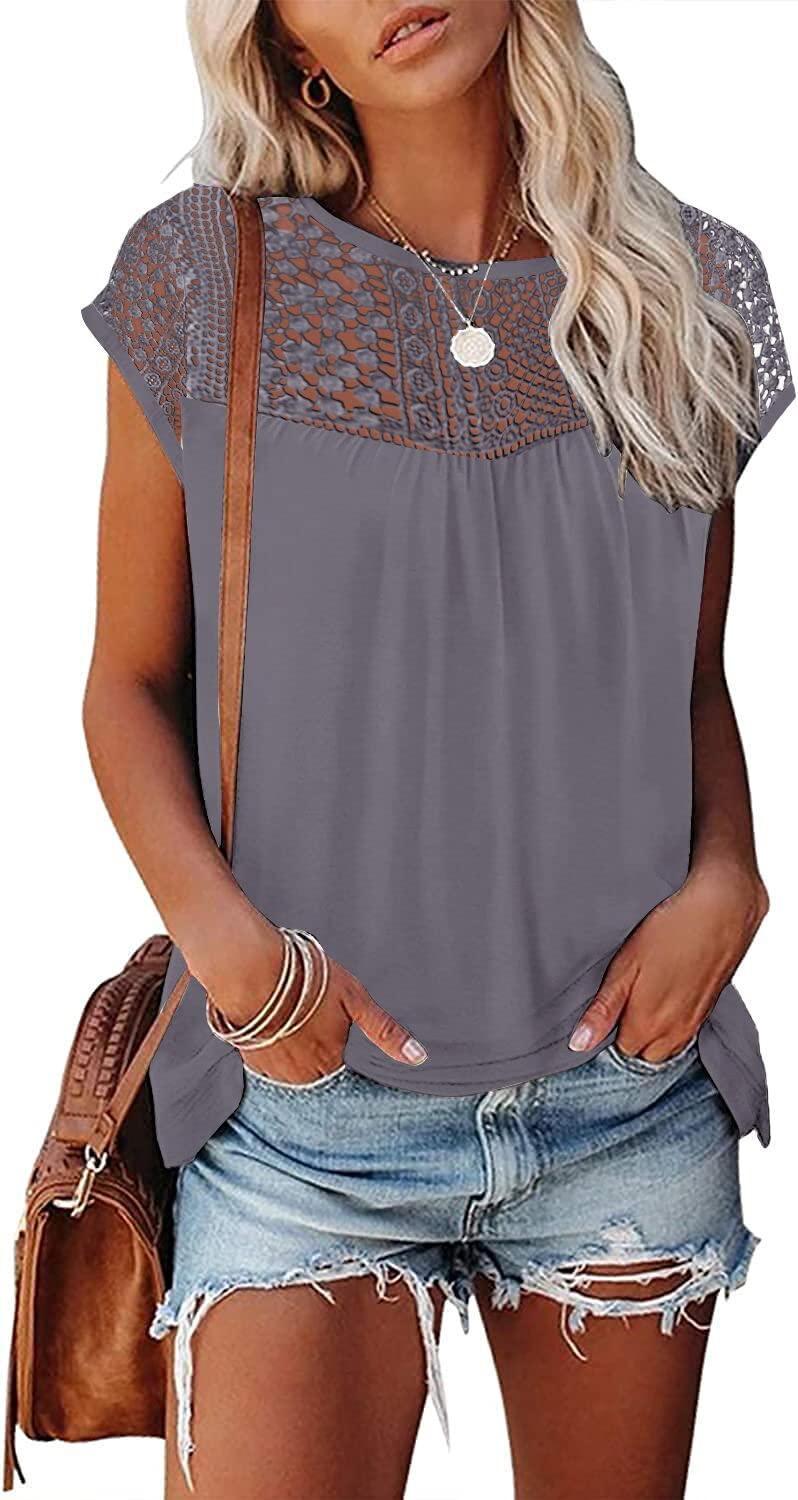 Womens Cap Sleeve Tops 2024 Trendy Floral Print Summer Tops Loose Fit Lace T Shirts Blouses