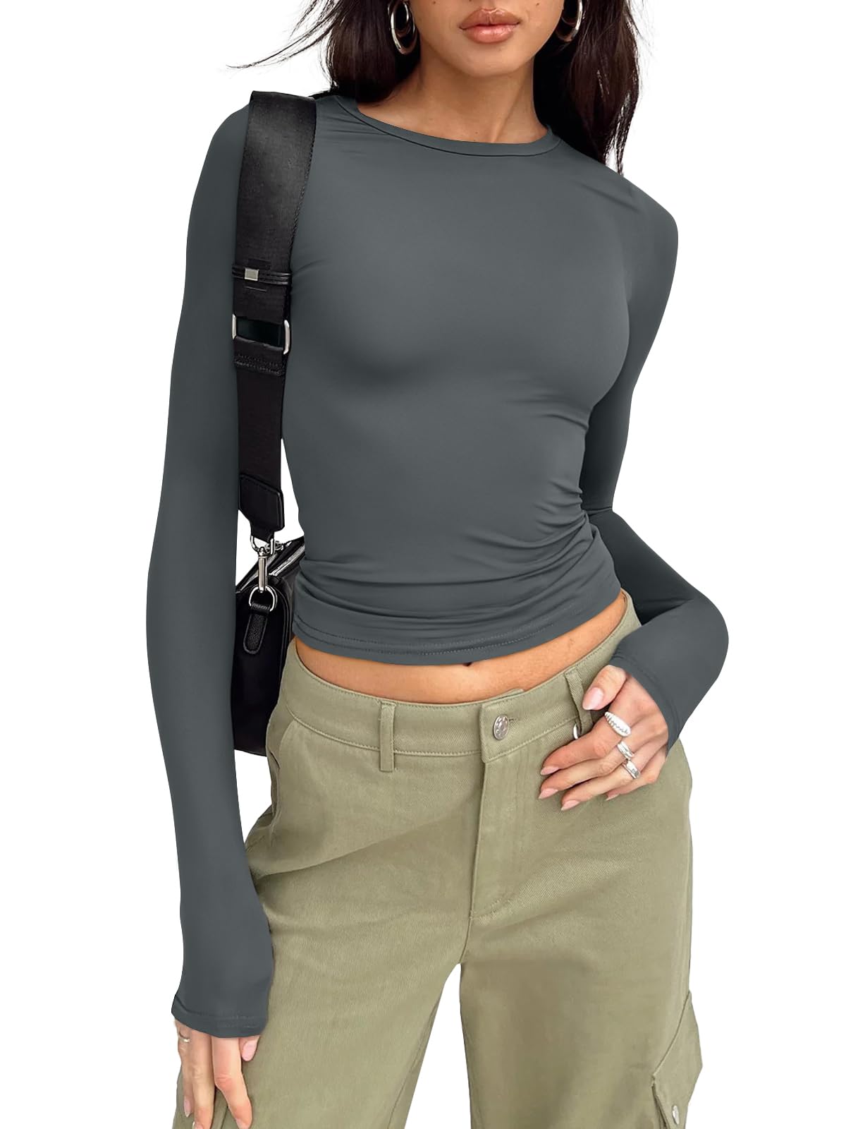 Trendy Queen Womens Long Sleeve Shirts Basic Crop Tops Tight Slim Fit Cute Teen Girls Fall Winter Y2k Clothes