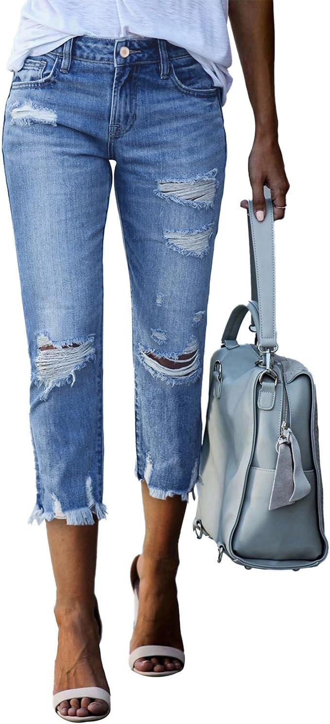 Women's Ripped Jeans Straight Leg Distressed Boyfriend Denim Pants
