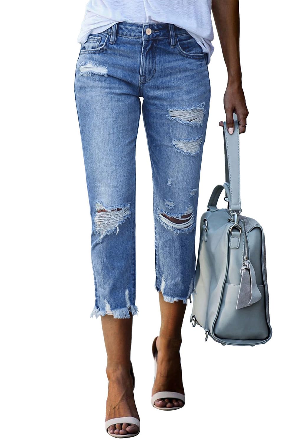 Women's Ripped Jeans Straight Leg Distressed Boyfriend Denim Pants