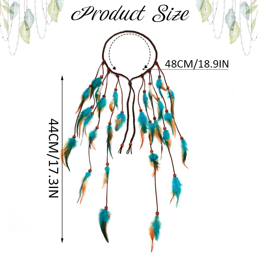 GORTIN Boho Feather Headband Gypsy Headpiece Headdress Bohemian Hippie Headbands Indian Festival Hair Band Adjust Long Feather Hair Accessories for Women and Girls (Black+Green)