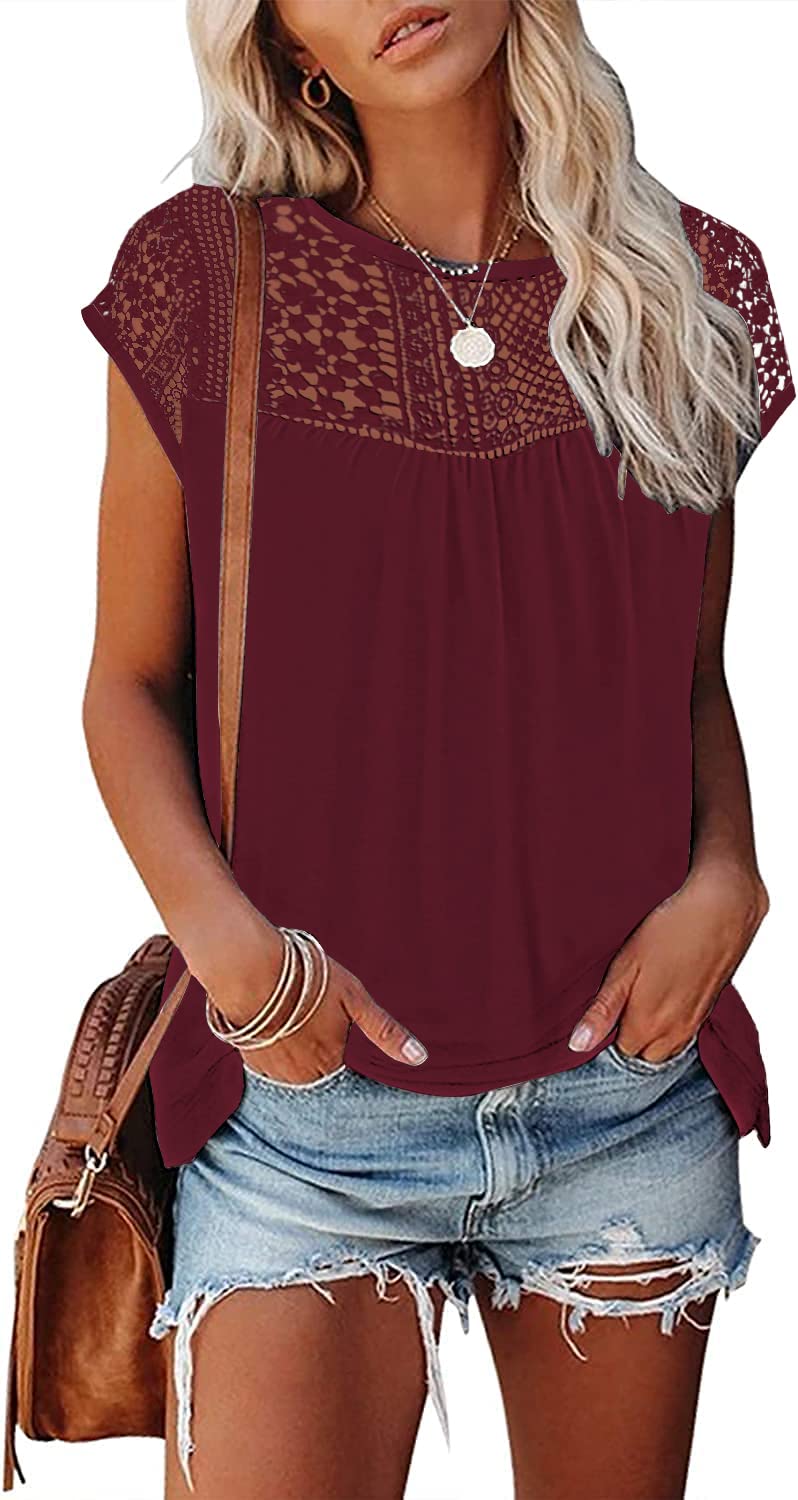 Womens Cap Sleeve Tops 2024 Trendy Floral Print Summer Tops Loose Fit Lace T Shirts Blouses