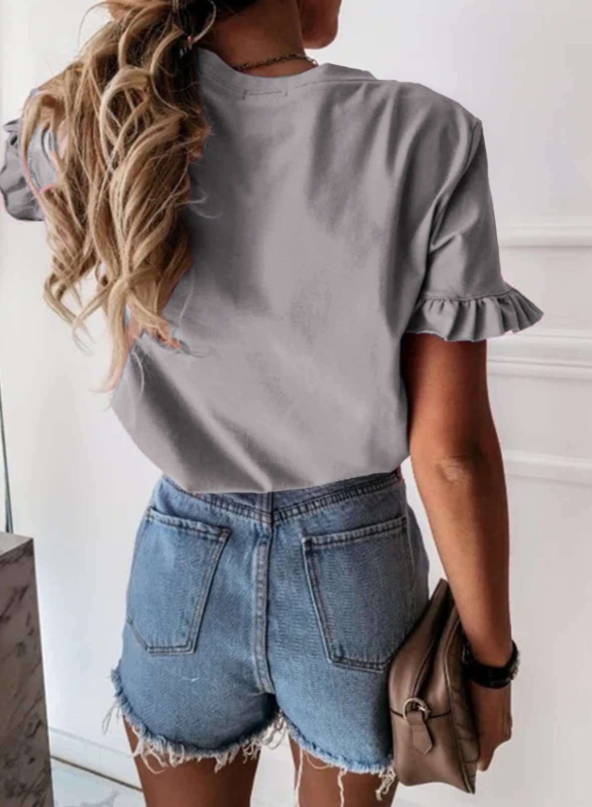 Women's Short Sleeve Casual T Shirts Summer Ruffle Plain Round Neck Loose Fit Tee Blouse Tops