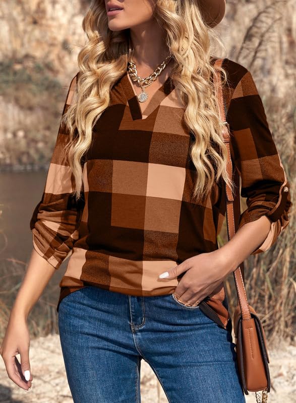 Womens Basic Casual V Neck Plaid Print Cotton Cuffed Long Sleeve Work Tops Blouses Shirts S-3XL