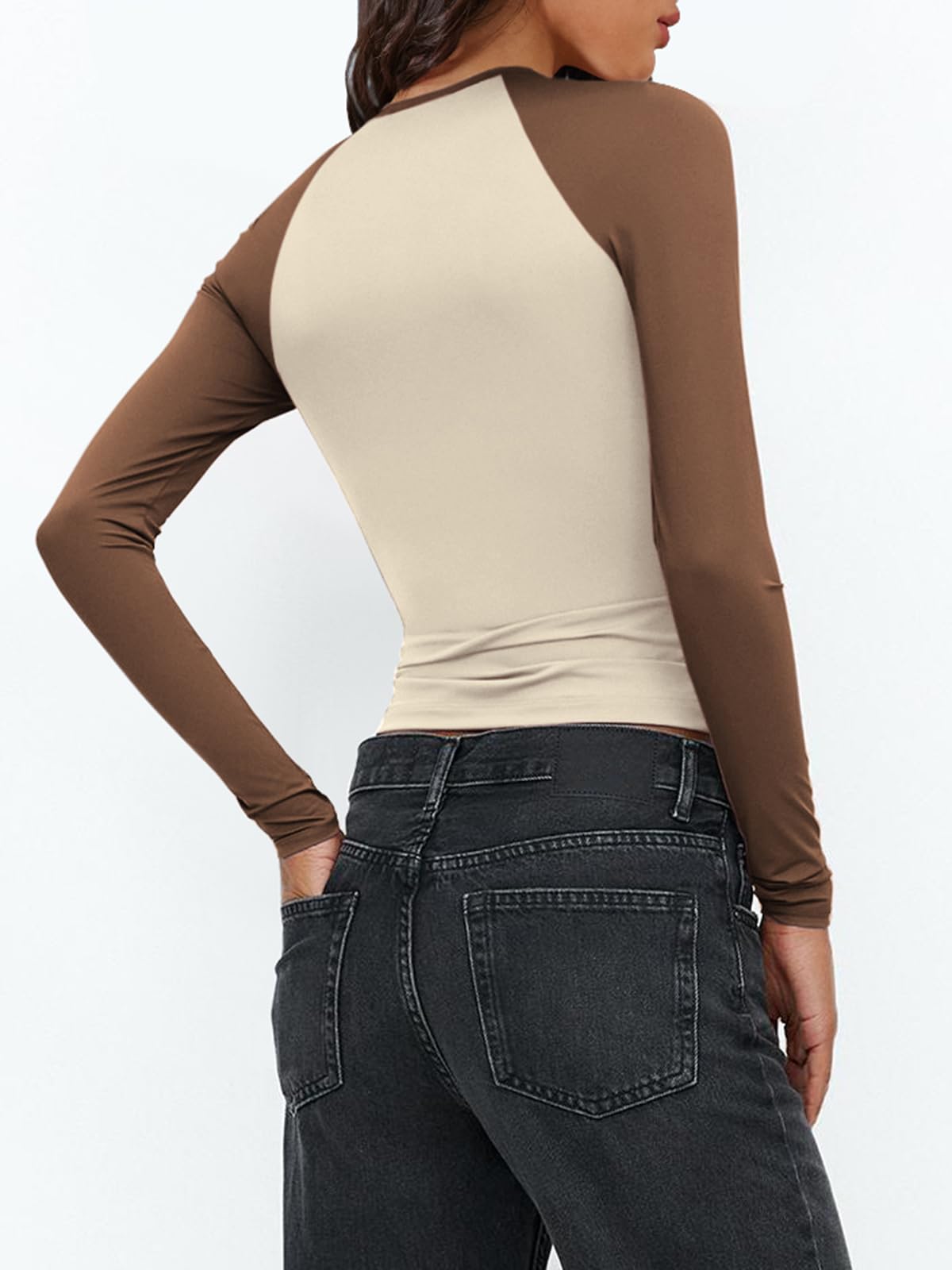 Women's Long Sleeve Shirts Slim Fit Stretchy Color Block Slightly Cropped Tops