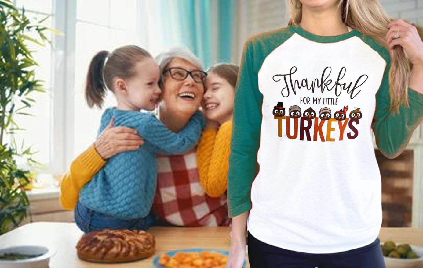Thankful for My Little Turkeys Shirt Women Thanksgiving Tshirt Cute Graphic Raglan 3/4 Sleeve Baseball Tee Tops