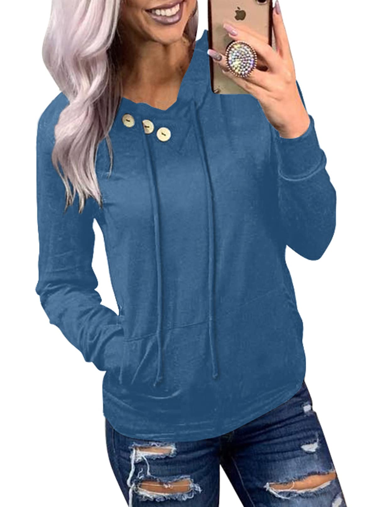 Women's Casual Long Sleeve Hoodies Sweatshirts Drawstring Pullover Tunic Tops With Pockets