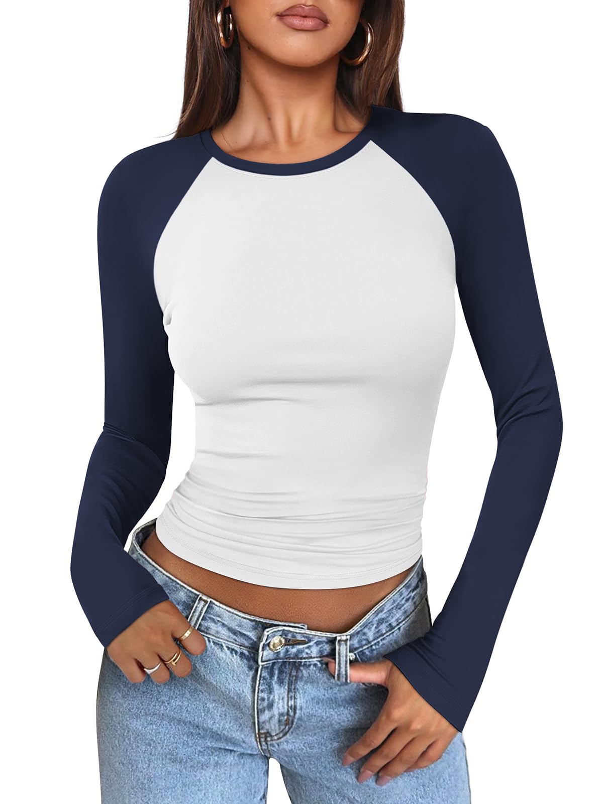 Women's Long Sleeve Shirts Slim Fit Stretchy Color Block Slightly Cropped Tops
