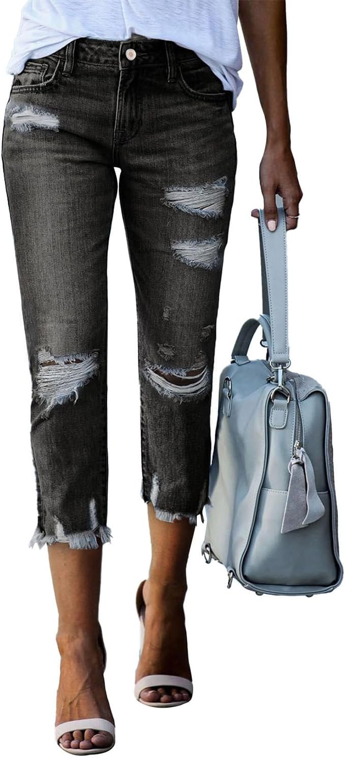 Women's Ripped Jeans Straight Leg Distressed Boyfriend Denim Pants
