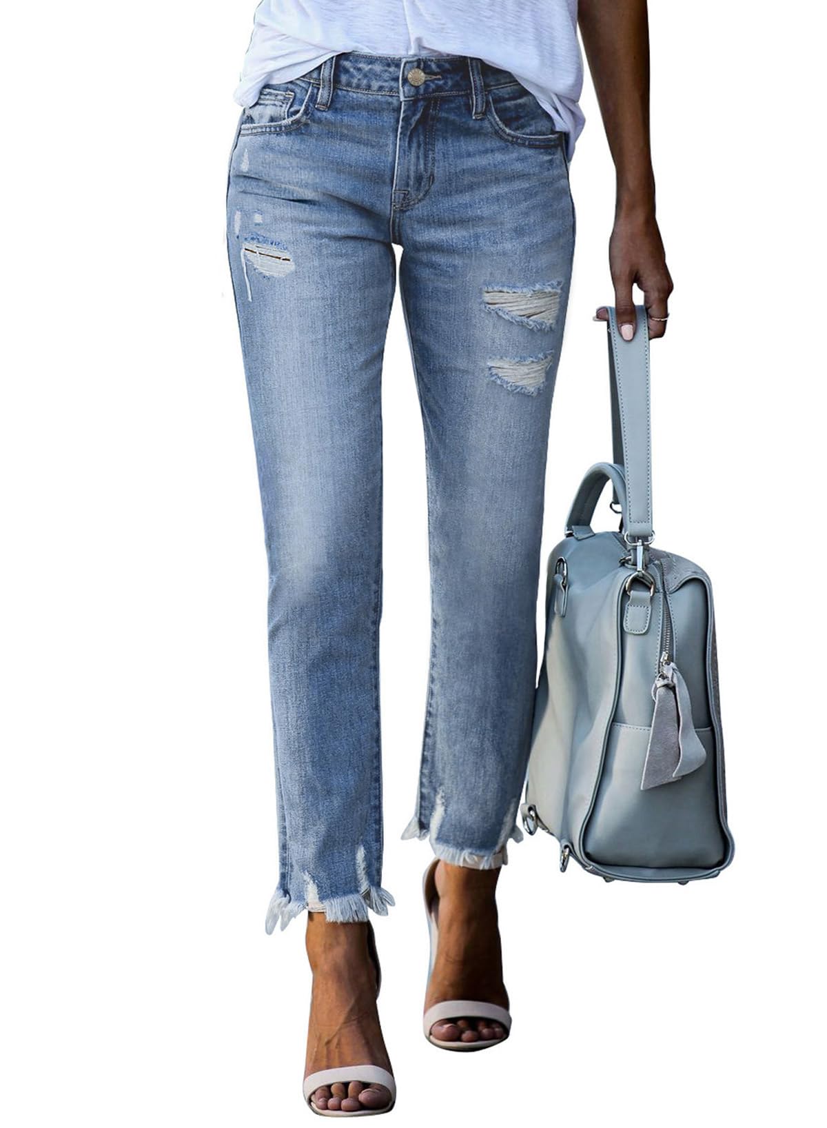 Women's Ripped Jeans Straight Leg Distressed Boyfriend Denim Pants