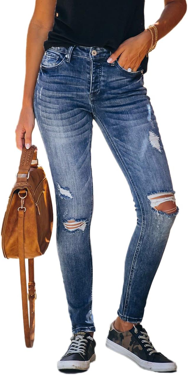 Women's High Rise Skinny Stretch Ripped Jeans High Waisted Destroyed Denim Pants