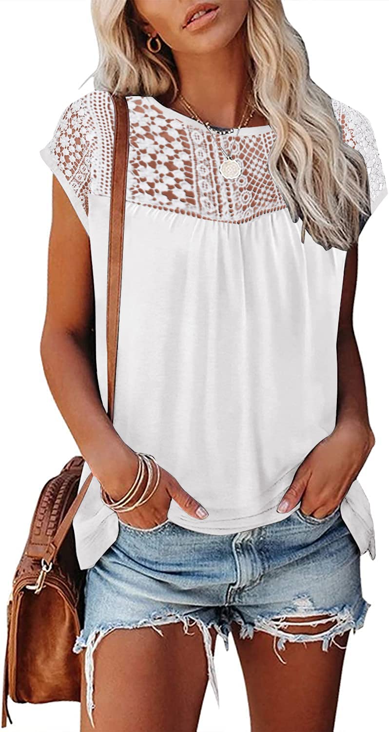 Womens Cap Sleeve Tops 2024 Trendy Floral Print Summer Tops Loose Fit Lace T Shirts Blouses