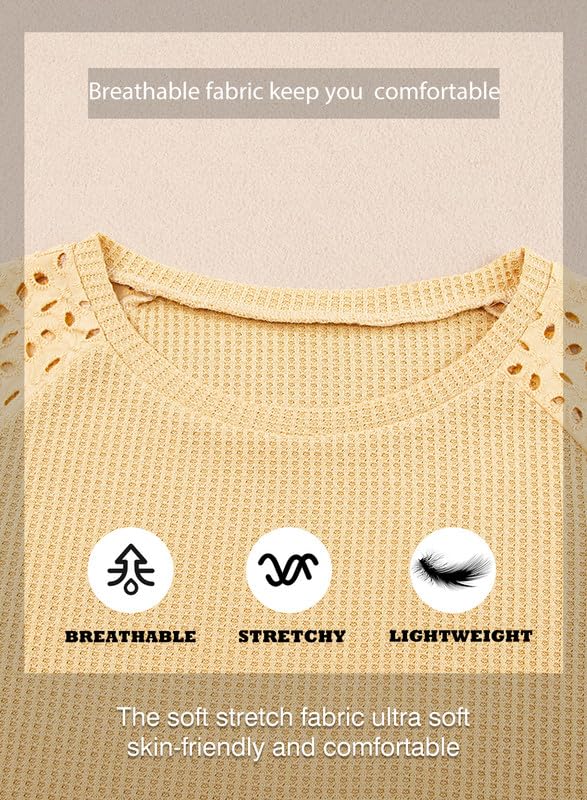 Women's Waffle Knit Tops Casual Crew Neck Hollow Out Raglan Short Sleeve Summer T-Shirts Blouses