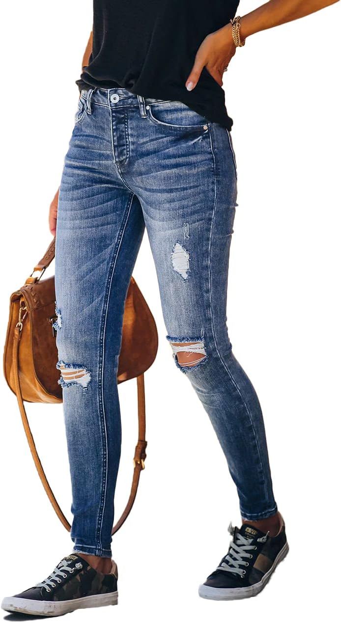 Women's High Rise Skinny Stretch Ripped Jeans High Waisted Destroyed Denim Pants