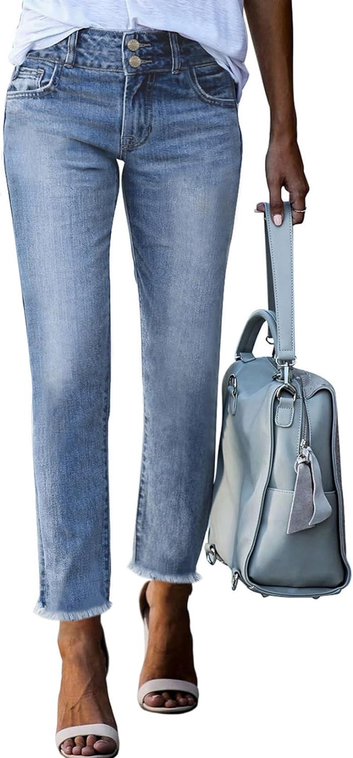 Women's High Waisted Jeans Strechy Raw Hem Straight Leg Denim Pants with Pockets