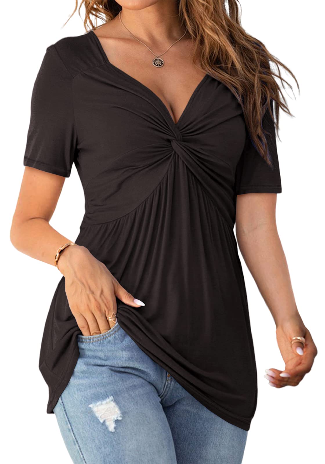 Womens Front Knotted V-Neck Blouse T Shirt Short Sleeve Oversized Tunic Tops Summer Solid Pullover Tees