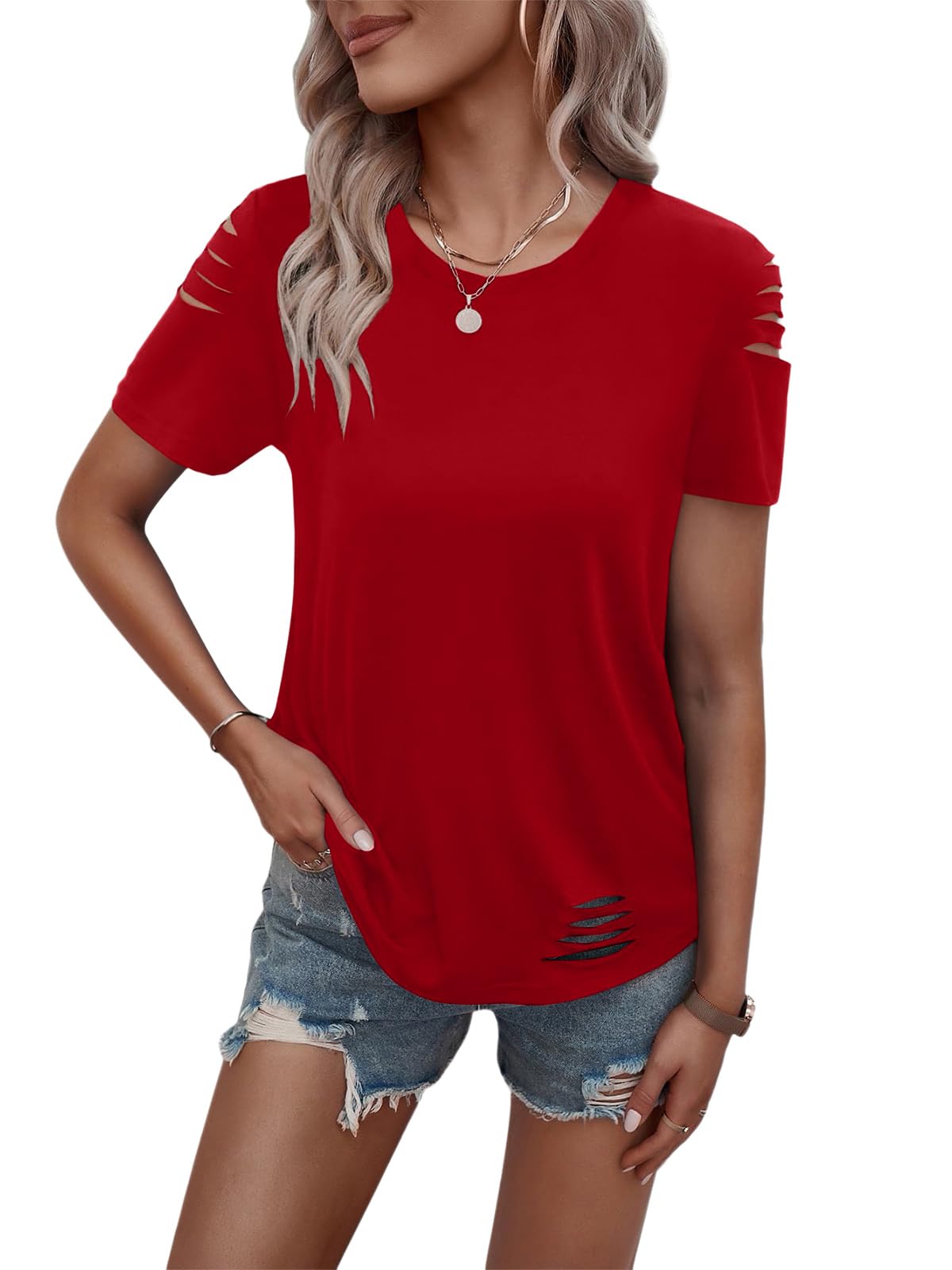 Women's Short Sleeve T Shirts Crew Neck Ripped Cut Out Summer Casual Basic Tees Tops