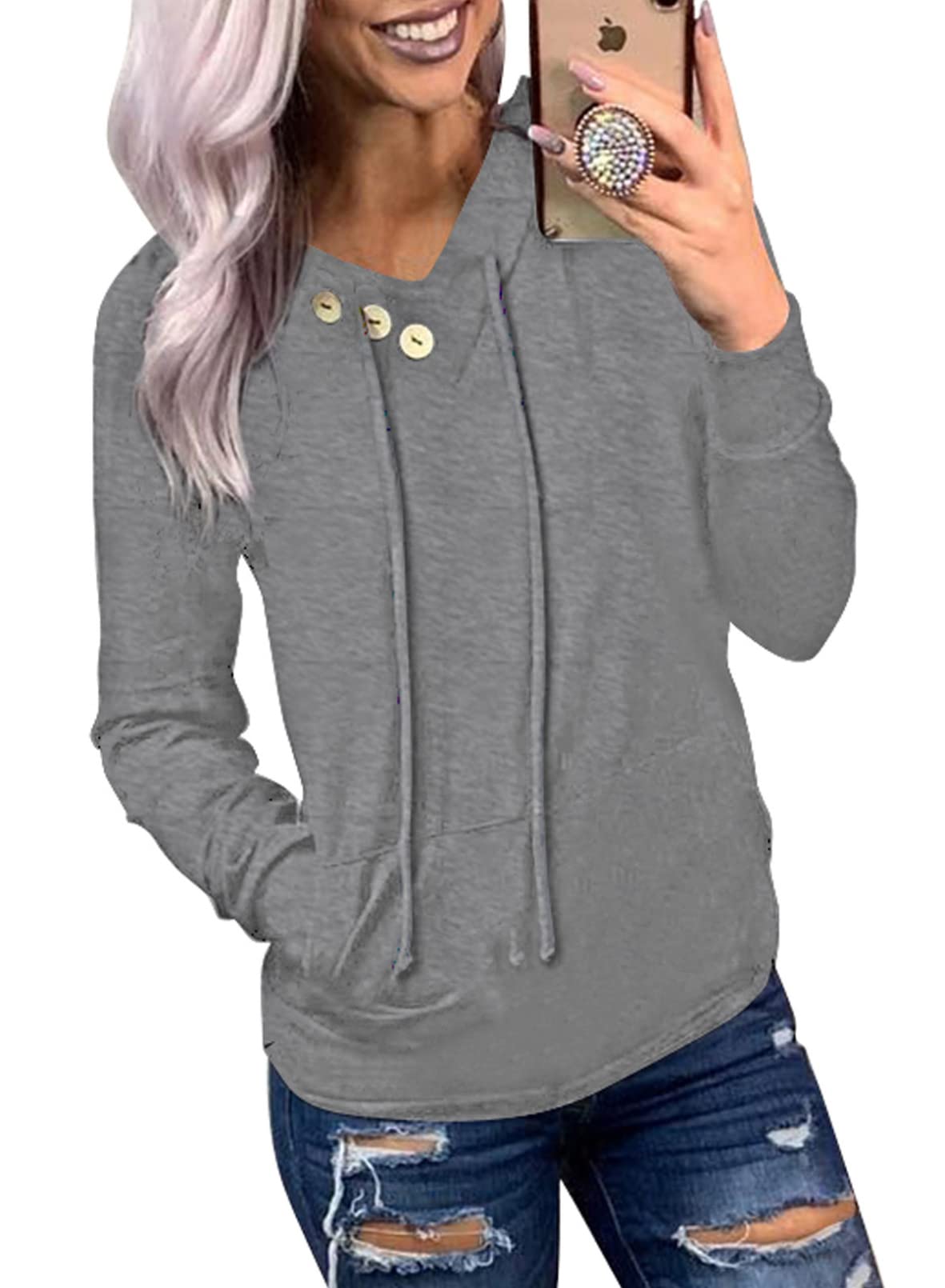 Women's Casual Long Sleeve Hoodies Sweatshirts Drawstring Pullover Tunic Tops With Pockets