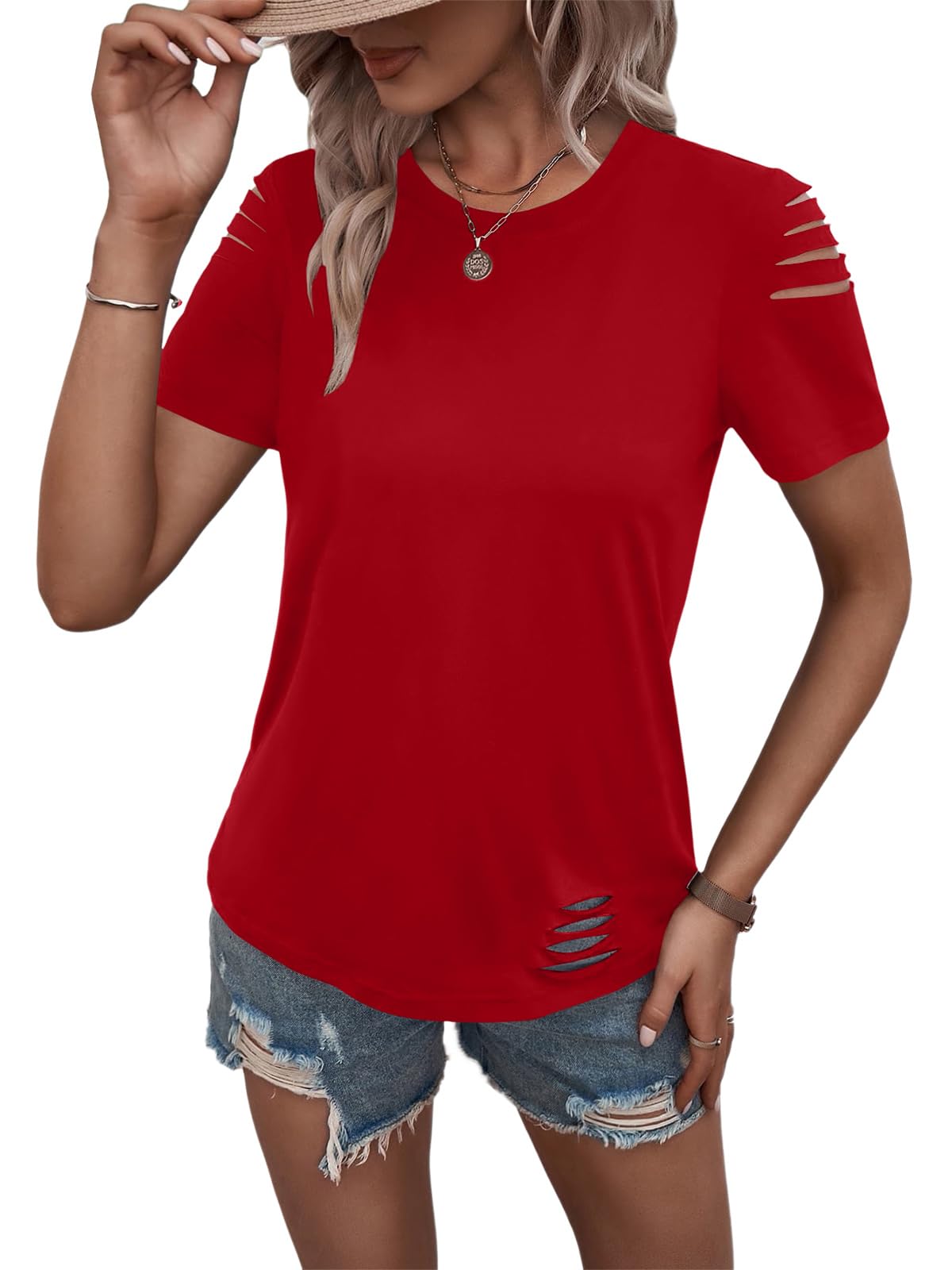 Women's Short Sleeve T Shirts Crew Neck Ripped Cut Out Summer Casual Basic Tees Tops