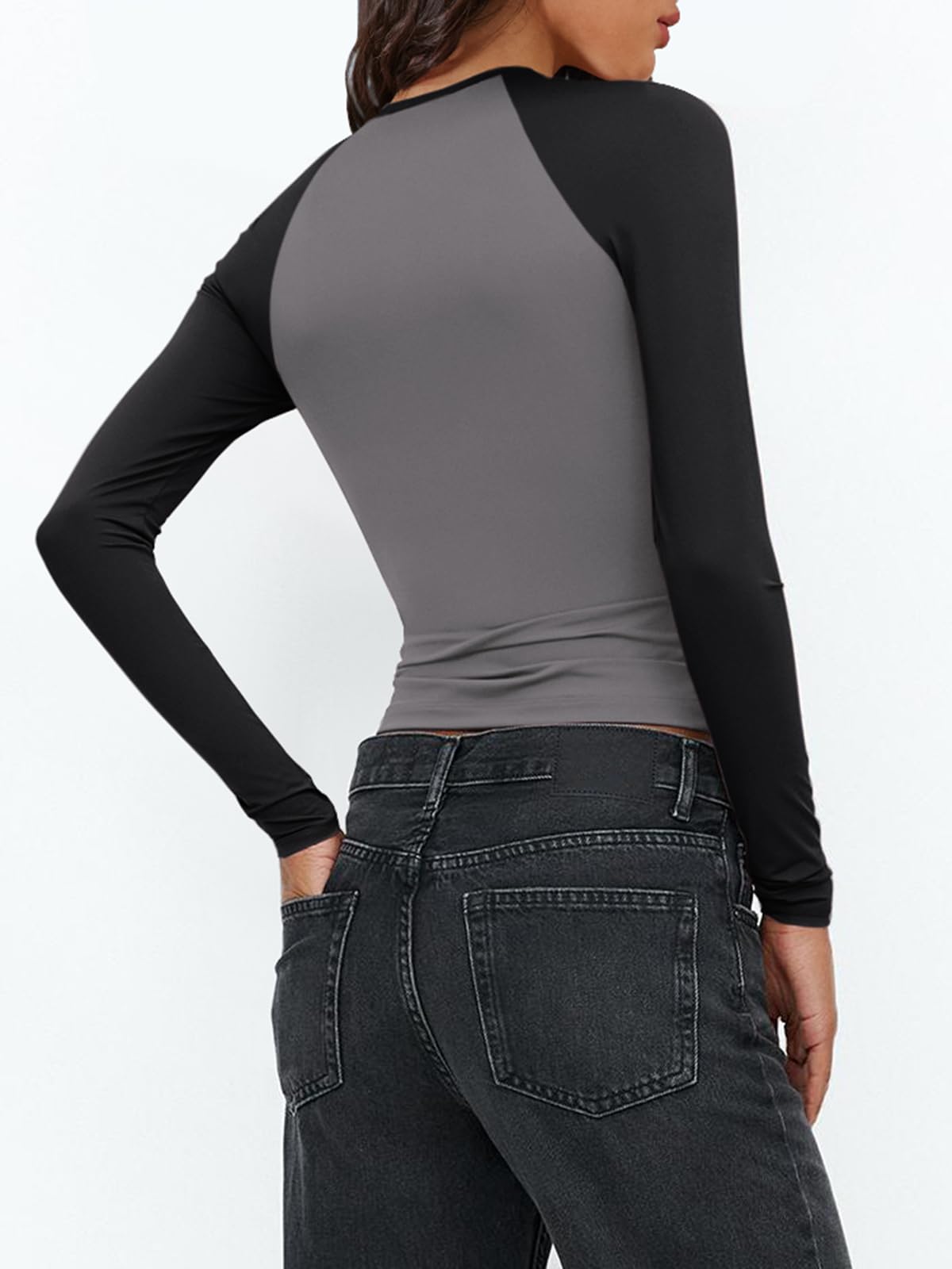 Women's Long Sleeve Shirts Slim Fit Stretchy Color Block Slightly Cropped Tops