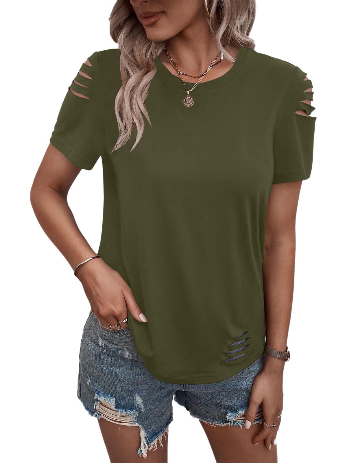 Women's Short Sleeve T Shirts Crew Neck Ripped Cut Out Summer Casual Basic Tees Tops